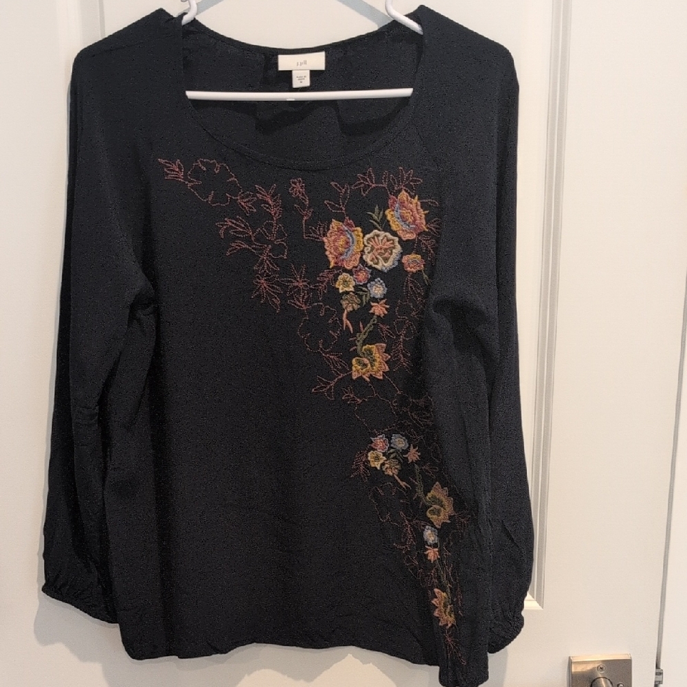 J. Jill Navy Blouse with Floral Embroidery